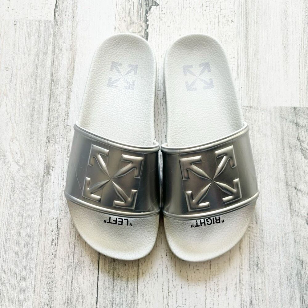 Off-White HF Mirror Silver Arrow Embossed Logo Rubber Pool Slides 36 / Women’s S